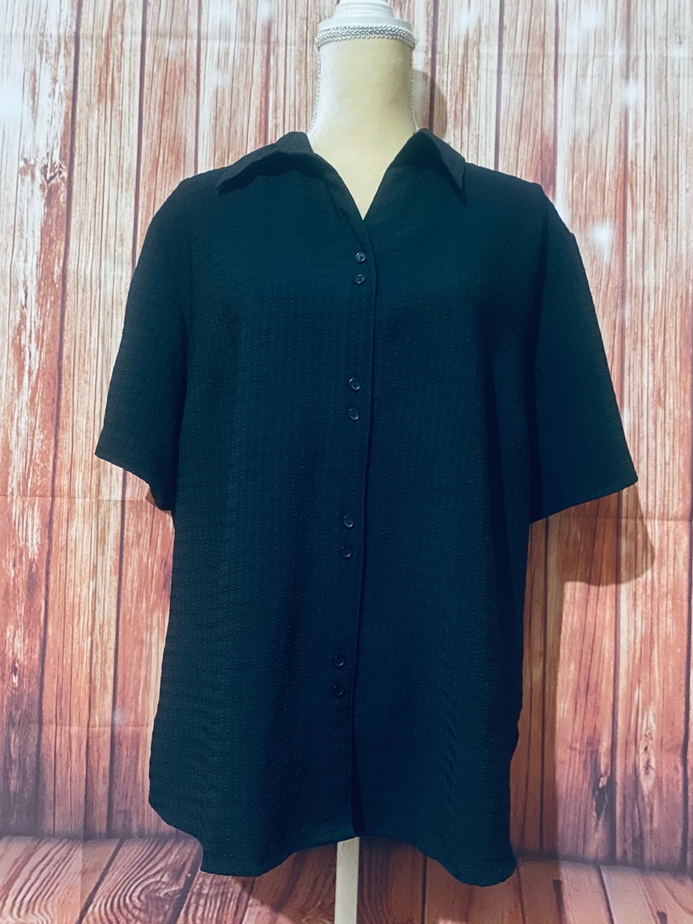 Women’s Large Blouse Joanna Black Button Down Short Sleeve V Neck Silky Textured